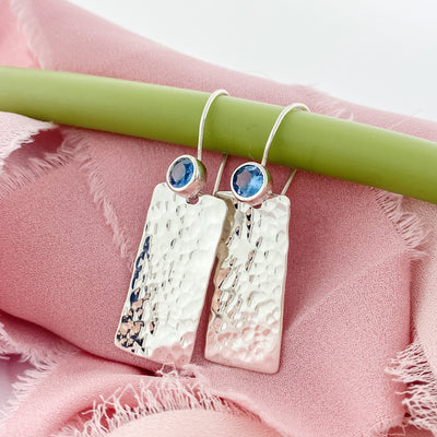 Sterling Silver Rectangle Earrings with a December Birthstone