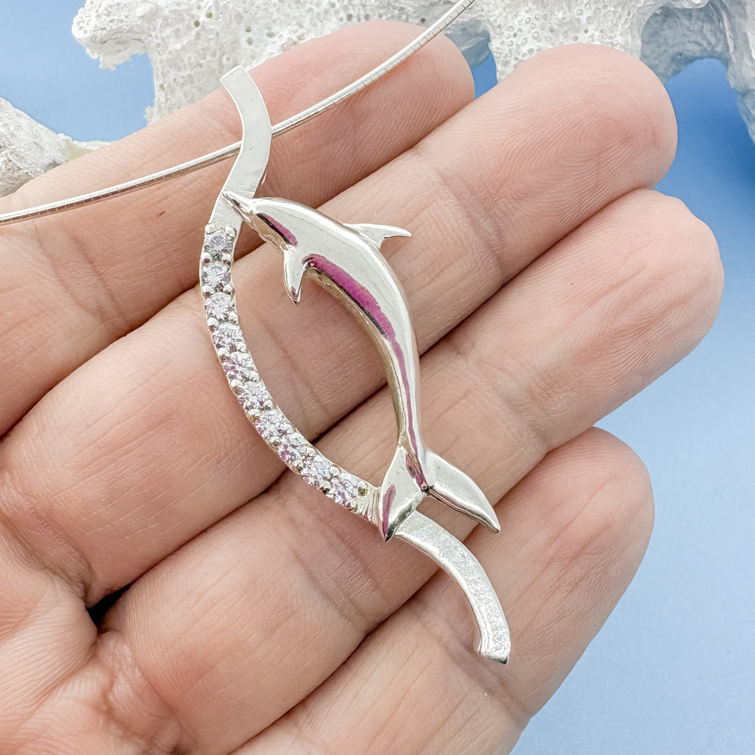 Sterling Silver Dolphin Pendant with White Gemstone Accent | Ocean