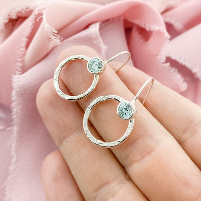 Sterling Silver March Birthstone Earrings, Circle Earrings for Women, Blue Birthstone - The Jewelry Girls
