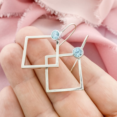 Sterling Silver Square Earrings, March Birthstone Earrings, Birthstone Dangle Earring for Women, Blue Birthstone - The Jewelry Girls